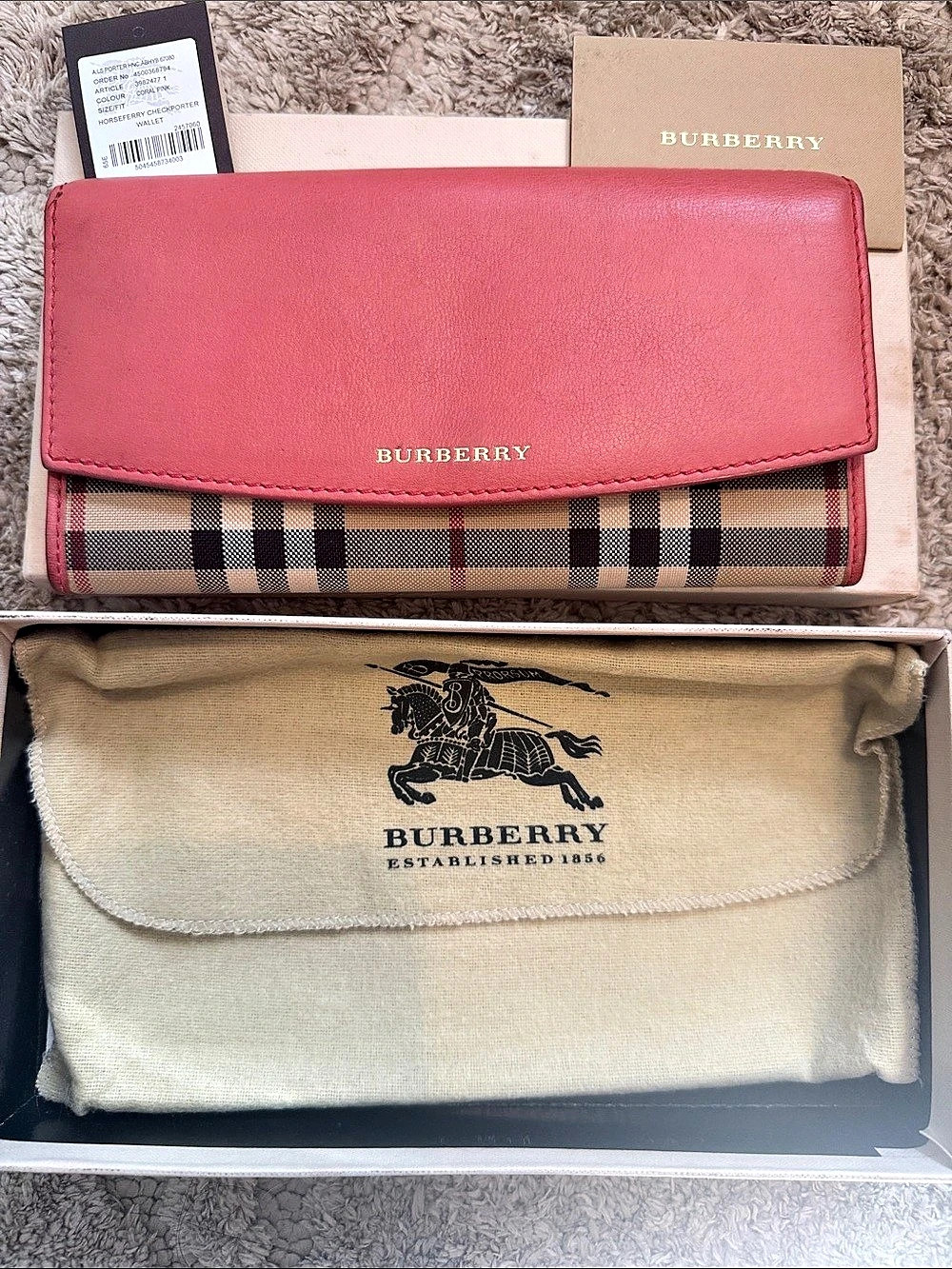 Burberry Horseferry Check Continental Wallet Coral Pink & Brown